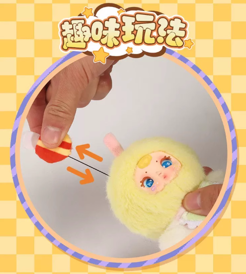Close-up of scented Sugar Baby figure with pastel fruit outfit