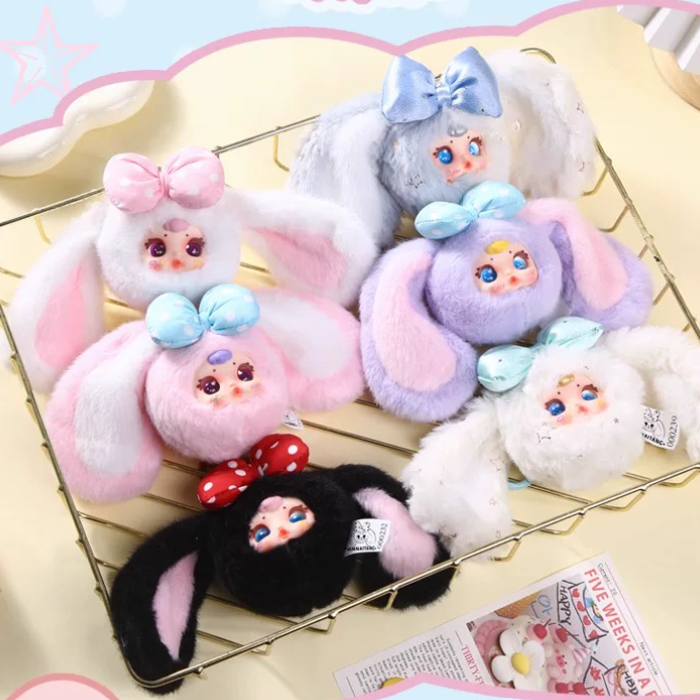 MM Sugar Baby Bunny plush blind box figure with pastel bunny costume and keychain