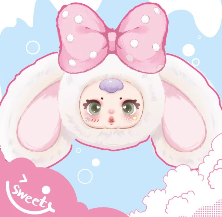 Close-up of MM Sugar Baby Bunny plush with random facial expression and candy scented face